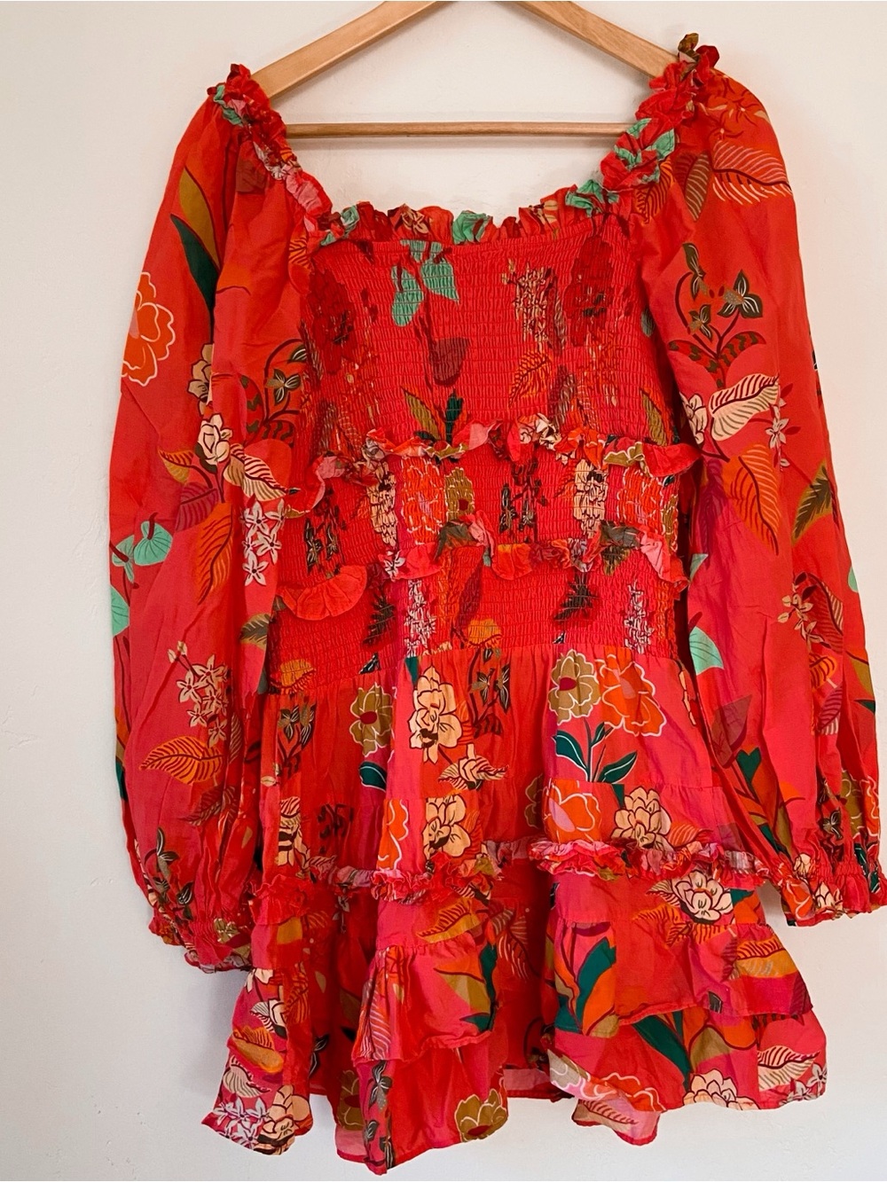 Farm Rio x Anthropologie Smocked Ruffle Mini Dress Coral - Picture 9 of 12